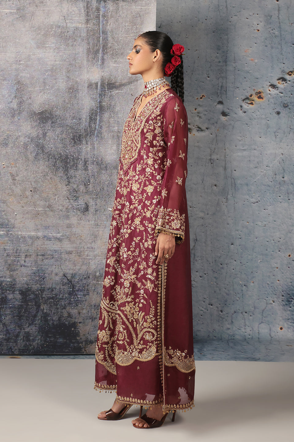 Zar:Rang Wine Long Jaal Kurta Set