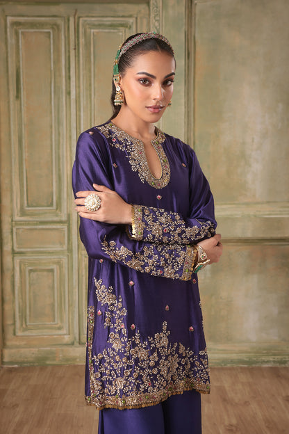 Zar:Rang Purple Short Jaal Kurta Set