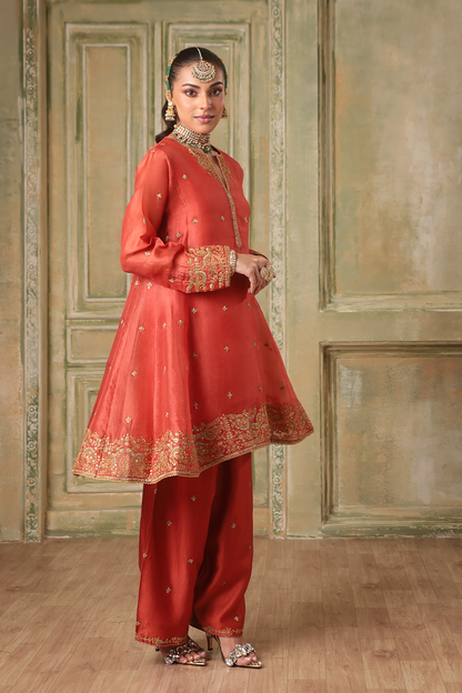 Zar:Rang Orange Short Pheran Kurta Set