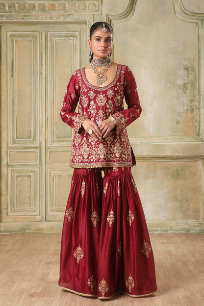 Zar:Rang Maroon Sharara Set
