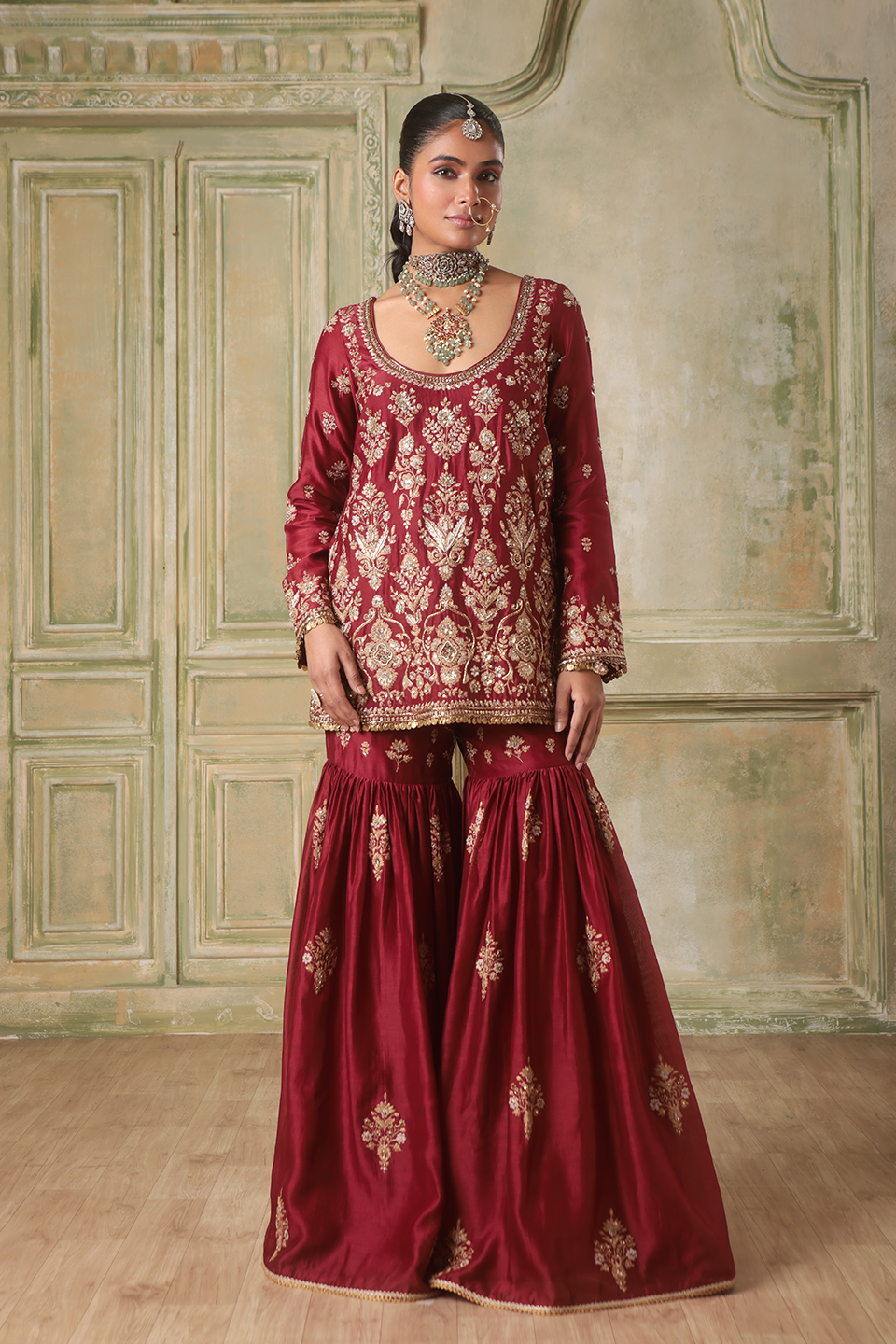 Zar:Rang Maroon Sharara Set