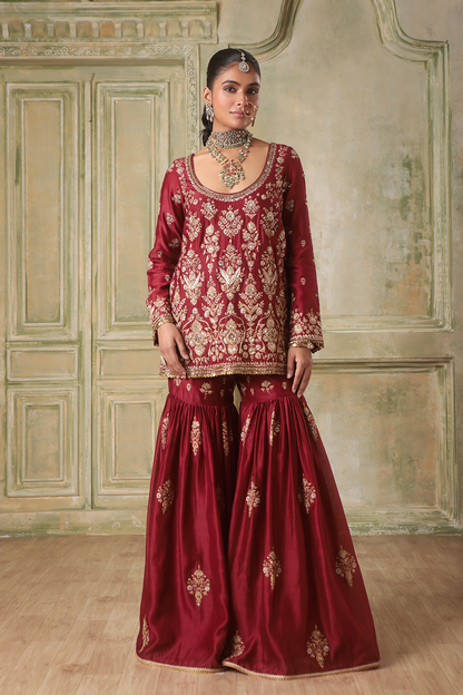Zar:Rang Maroon Sharara Set