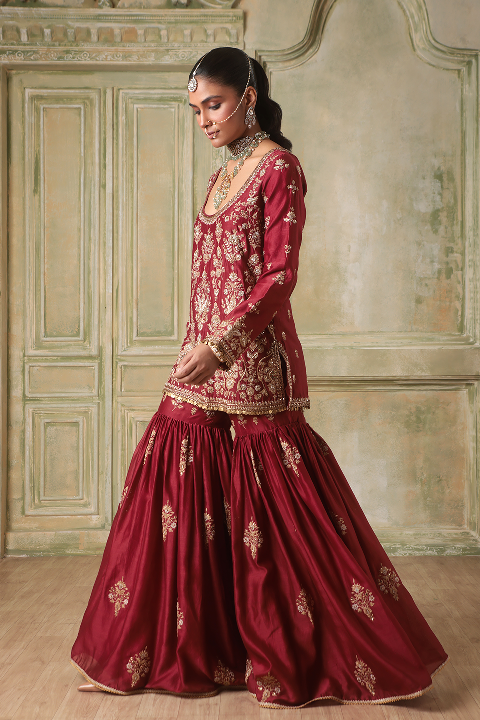 Zar:Rang Maroon Sharara Set