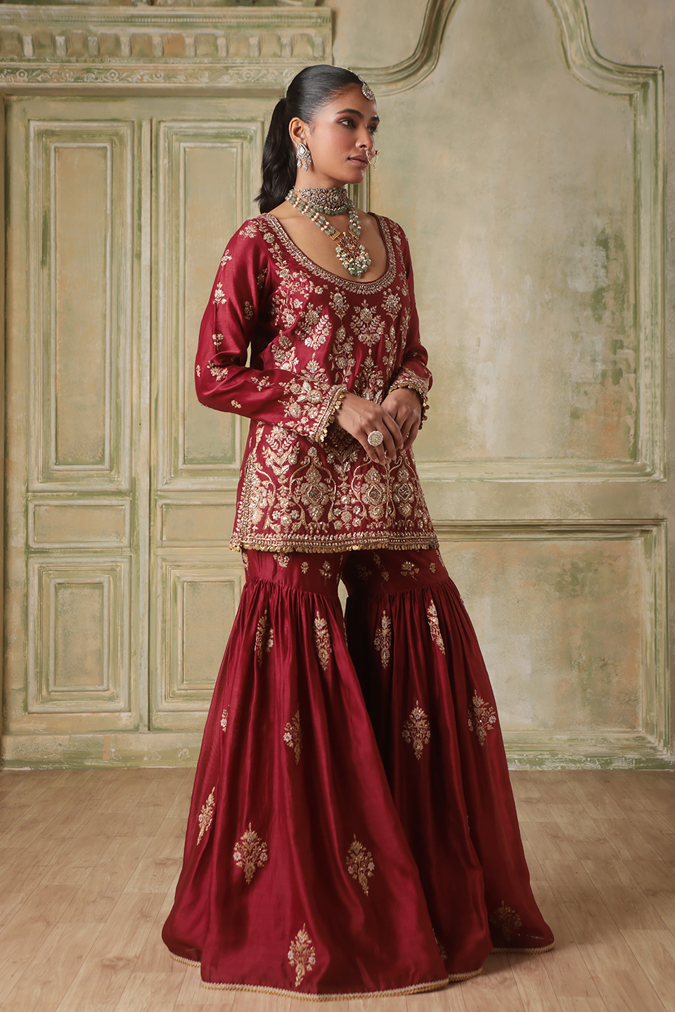 Zar:Rang Maroon Sharara Set