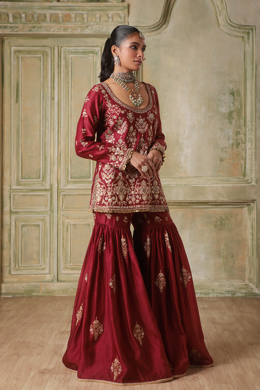 Zar:Rang Maroon Sharara Set