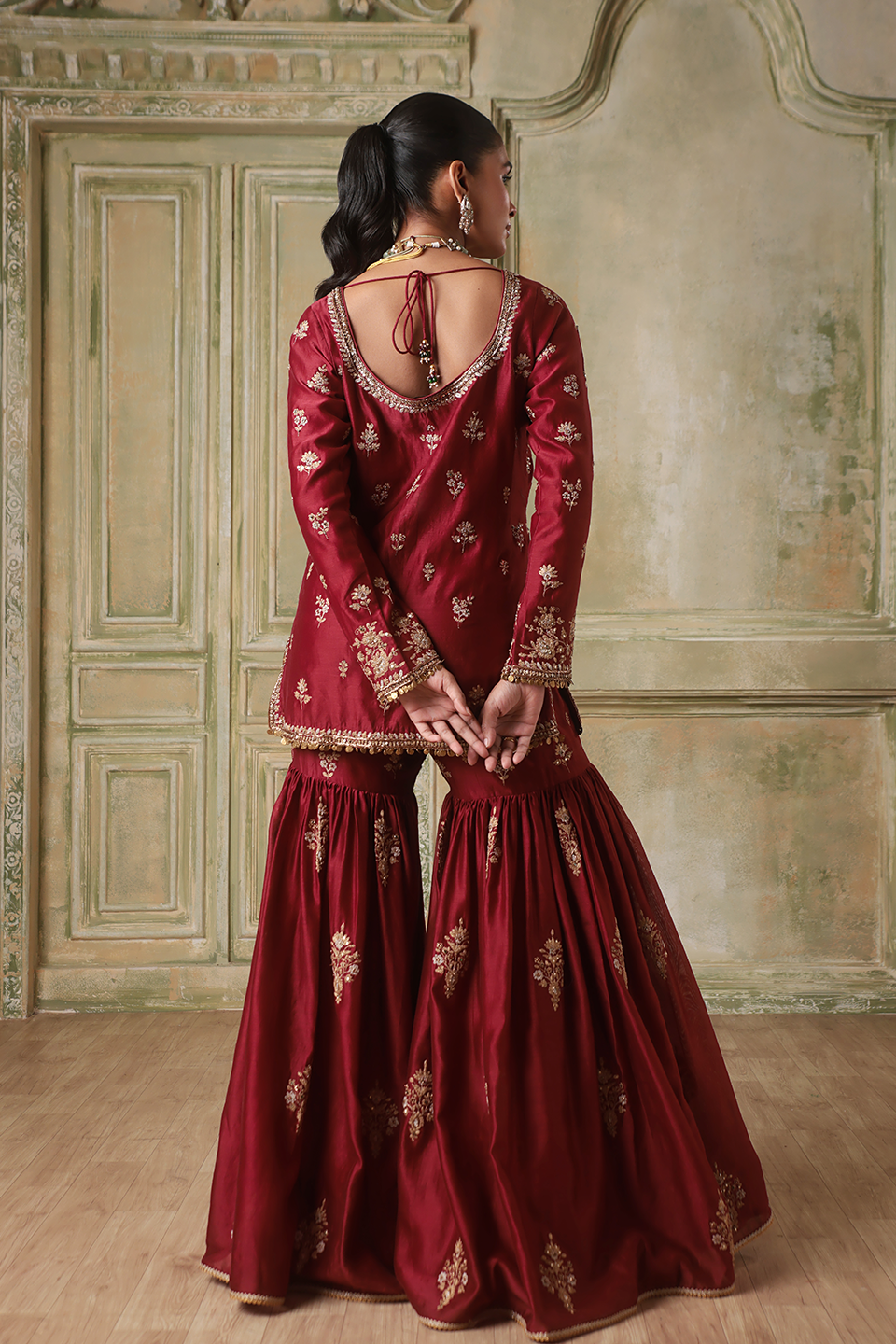 Zar:Rang Maroon Sharara Set