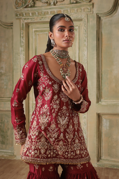 Zar:Rang Maroon Sharara Set