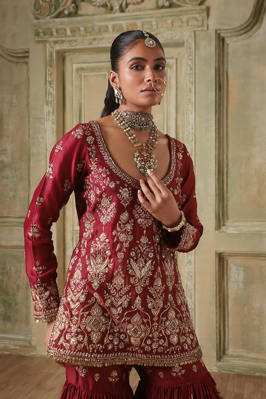 Zar:Rang Maroon Sharara Set
