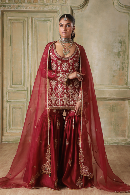 Zar:Rang Maroon Sharara Set