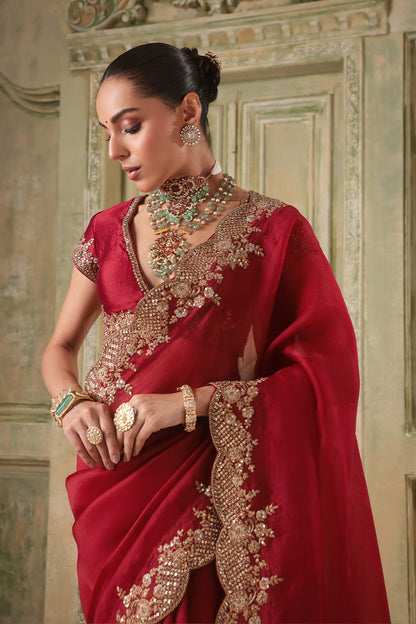 Zar:Rang  Maroon Scallop Border Saree Set