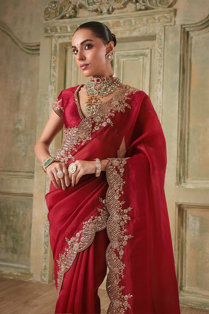 Zar:Rang  Maroon Scallop Border Saree Set