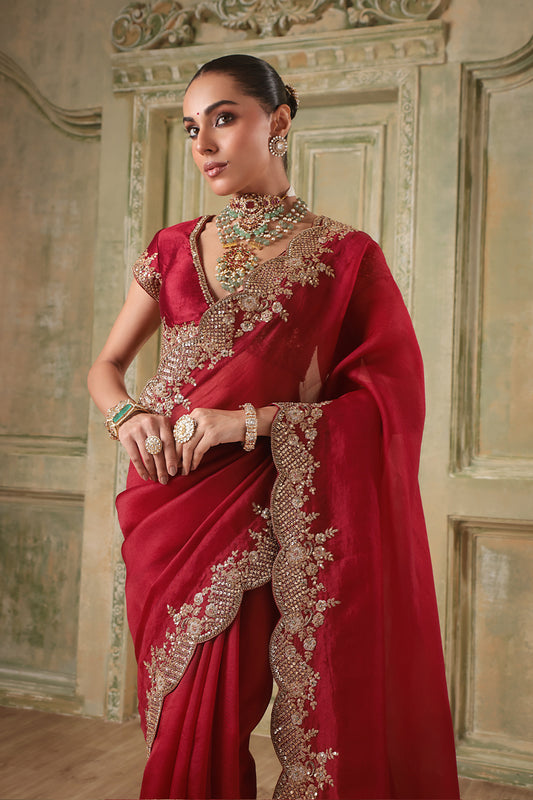 Zar:Rang  Maroon Scallop Border Saree Set