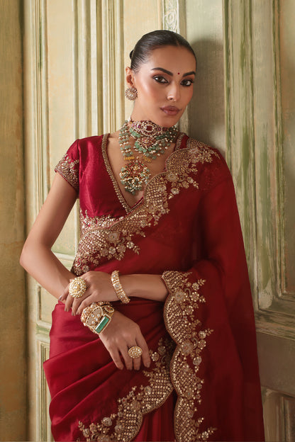 Zar:Rang  Maroon Scallop Border Saree Set