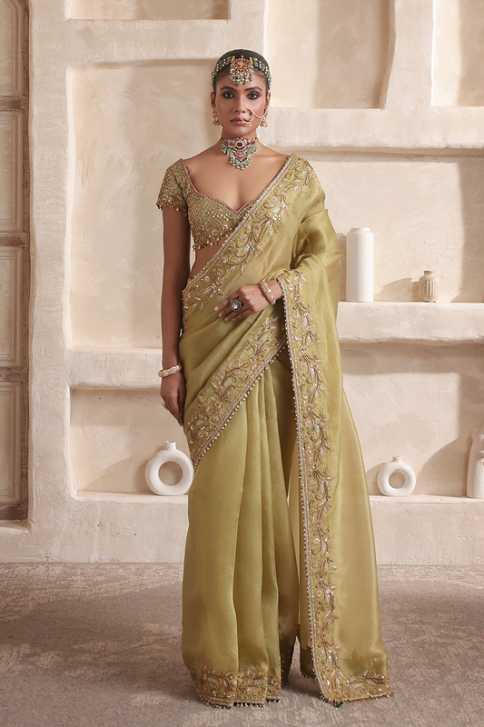 Zar:Rang Olive Green Zardosi Border Saree Set