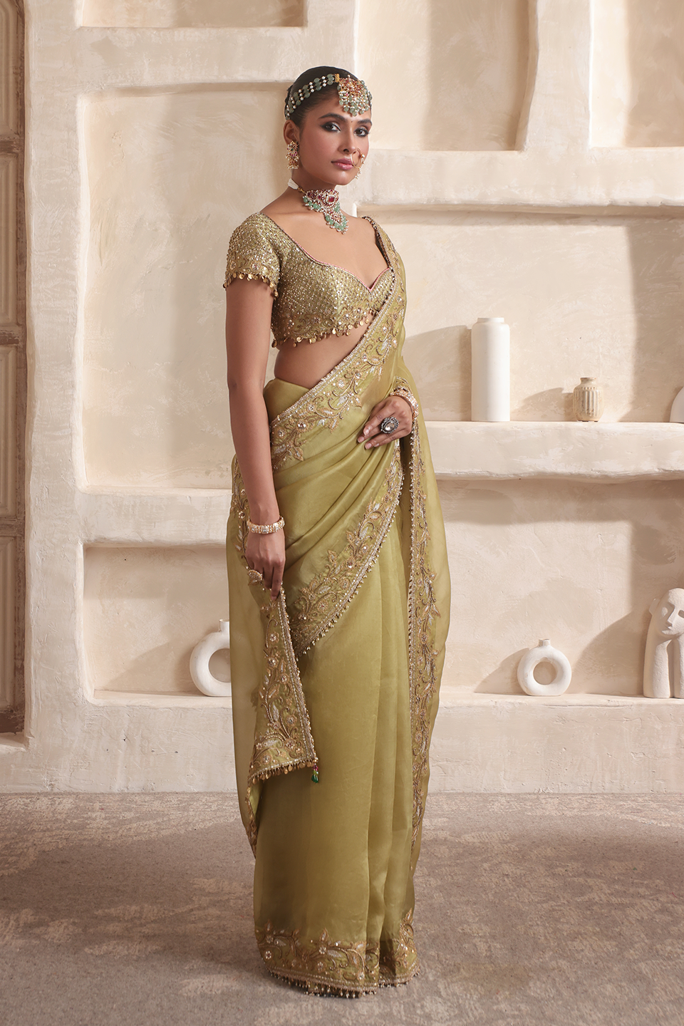 Zar:Rang Olive Green Zardosi Border Saree Set