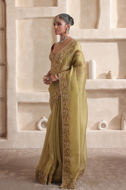 Zar:Rang Olive Green Zardosi Border Saree Set