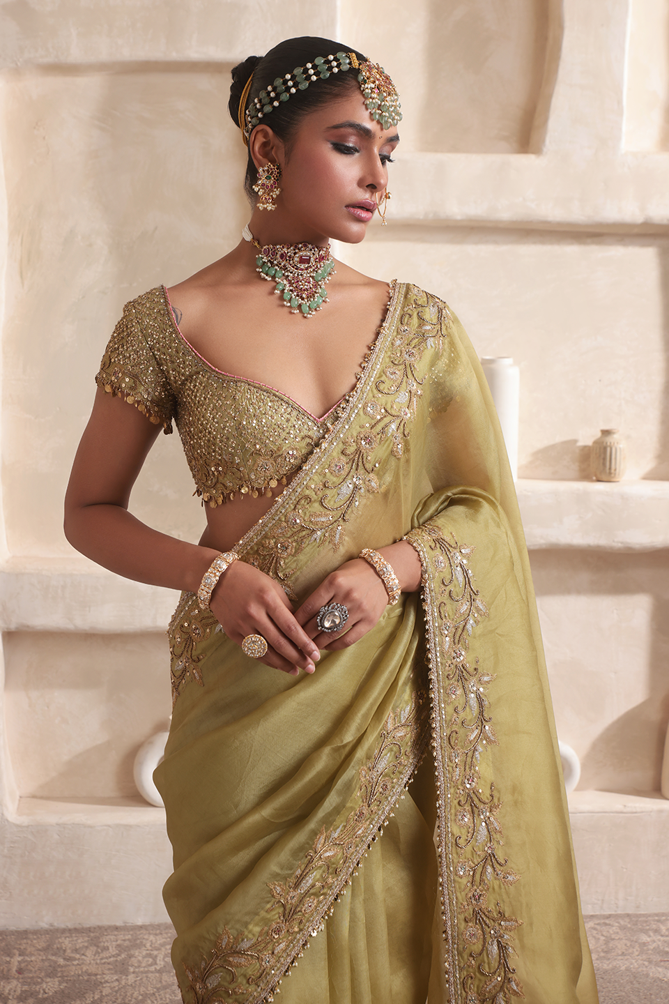 Zar:Rang Olive Green Zardosi Border Saree Set