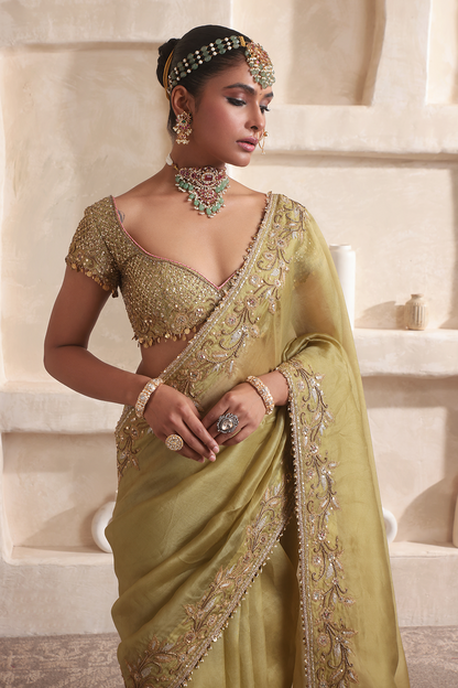Zar:Rang Olive Green Zardosi Border Saree Set