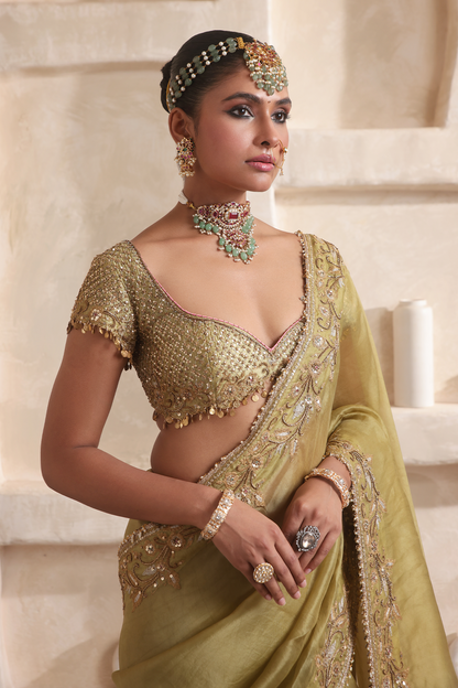Zar:Rang Olive Green Zardosi Border Saree Set