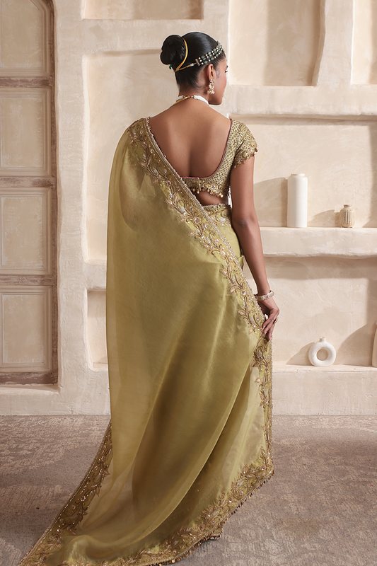 Zar:Rang Olive Green Zardosi Border Saree Set