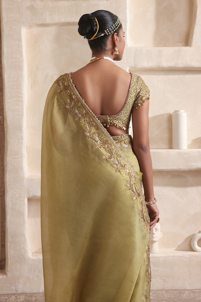 Zar:Rang Olive Green Zardosi Border Saree Set