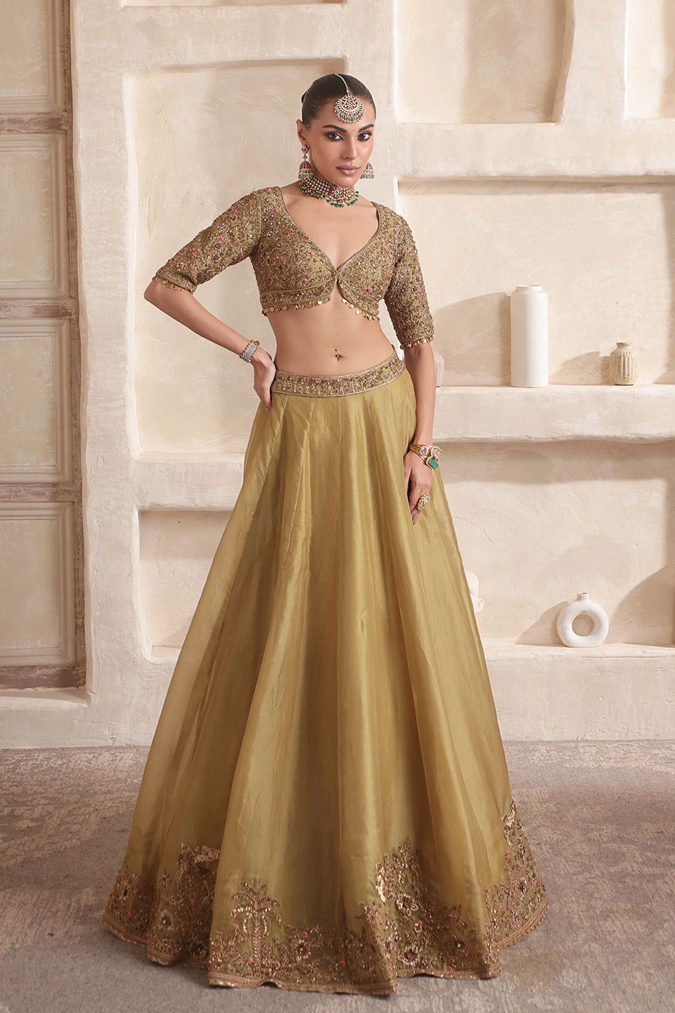 Zar:Rang Olive Green Pakhi Lehenga Set