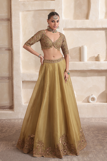 Zar:Rang Olive Green Pakhi Lehenga Set