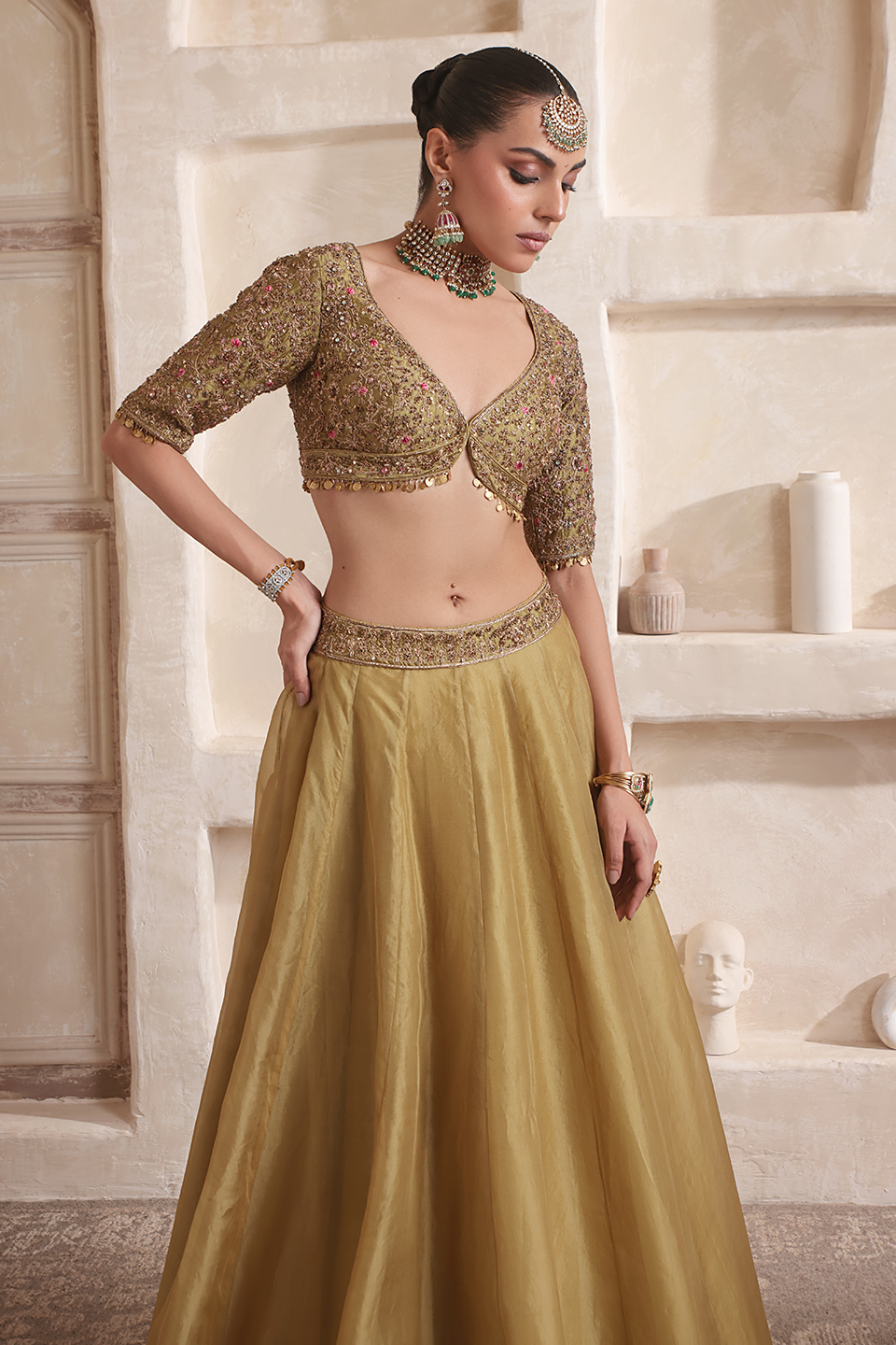 Zar:Rang Olive Green Pakhi Lehenga Set