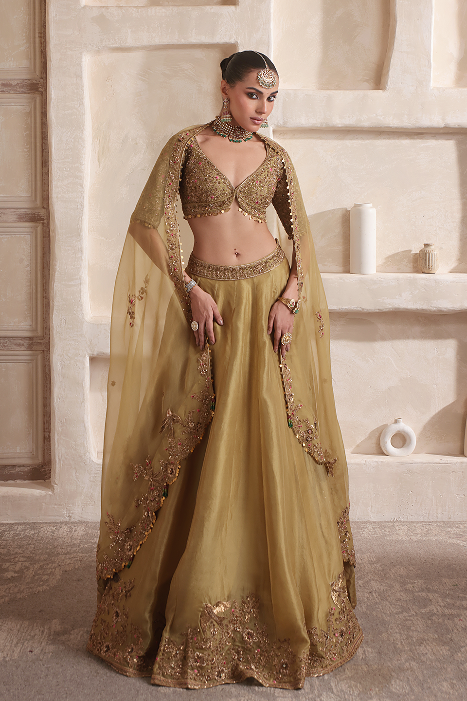 Zar:Rang Olive Green Pakhi Lehenga Set