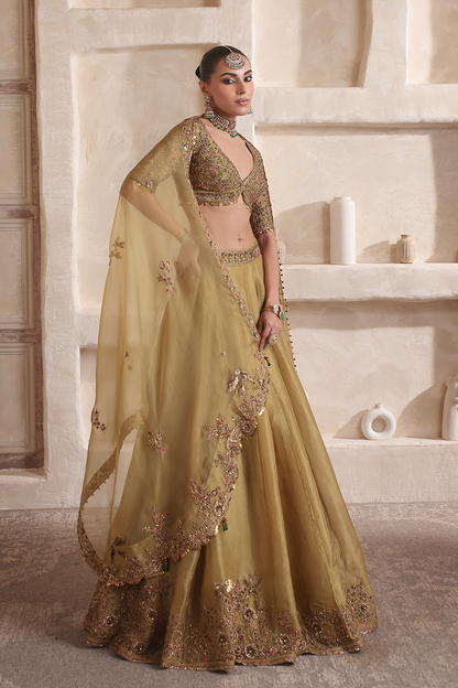 Zar:Rang Olive Green Pakhi Lehenga Set