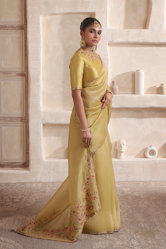 Zar:Rang Olive Green Multicolor Resham Saree Set