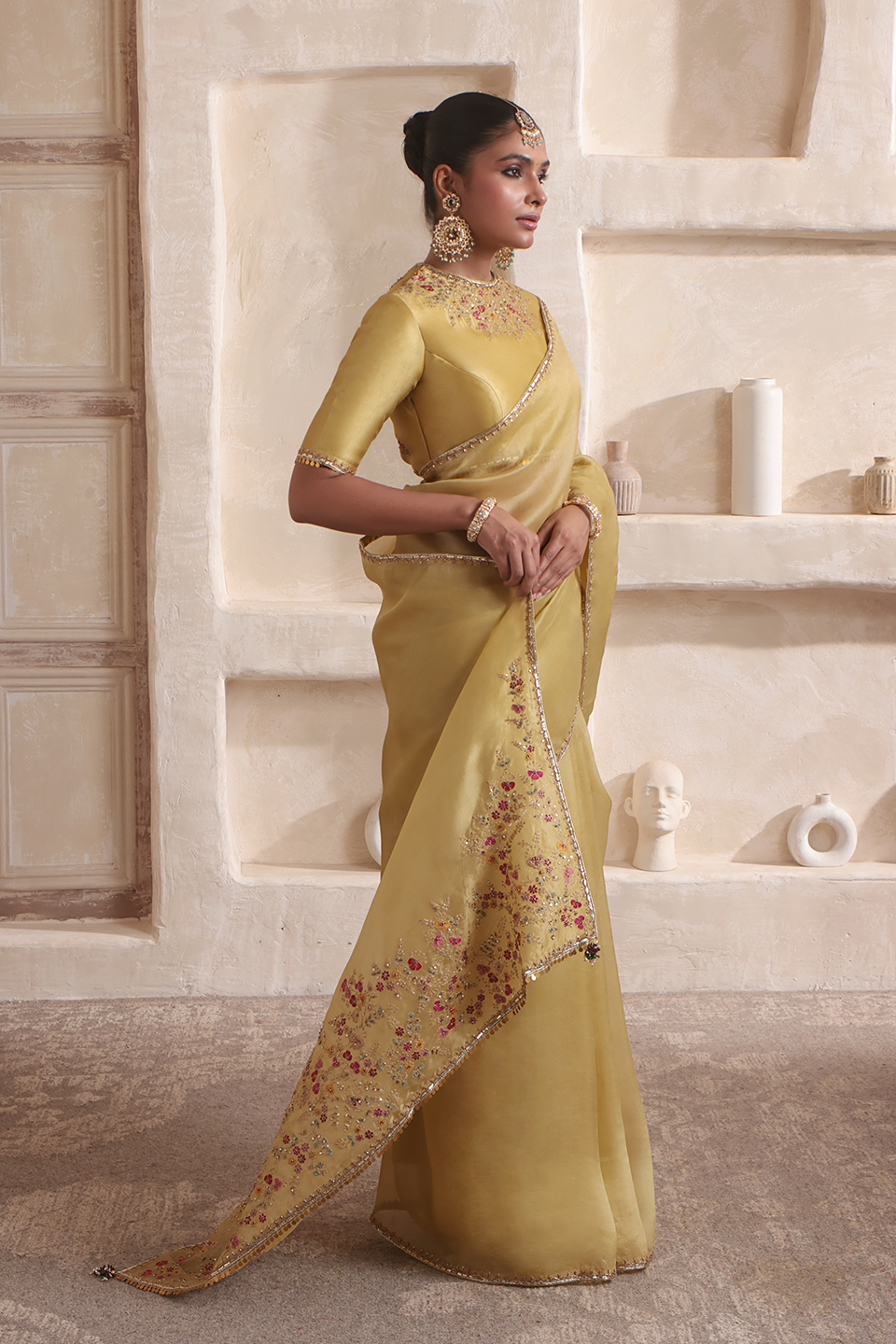 Zar:Rang Olive Green Multicolor Resham Saree Set