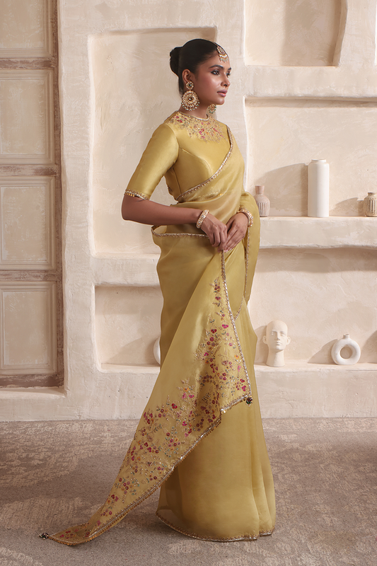 Zar:Rang Olive Green Multicolor Resham Saree Set