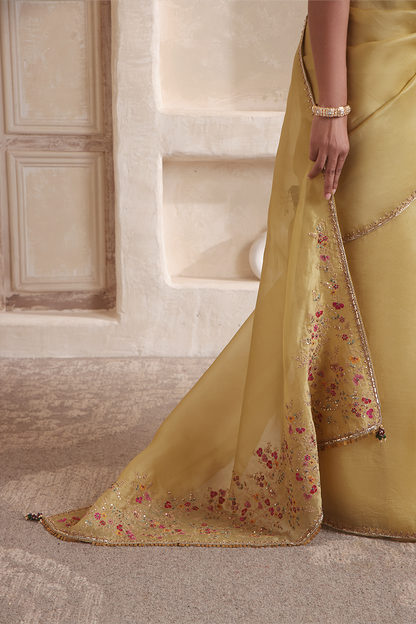 Zar:Rang Olive Green Multicolor Resham Saree Set