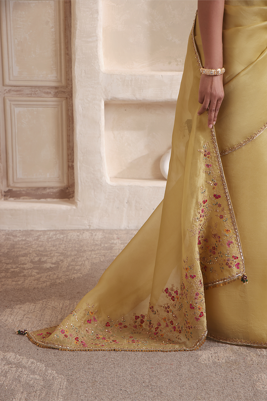 Zar:Rang Olive Green Multicolor Resham Saree Set