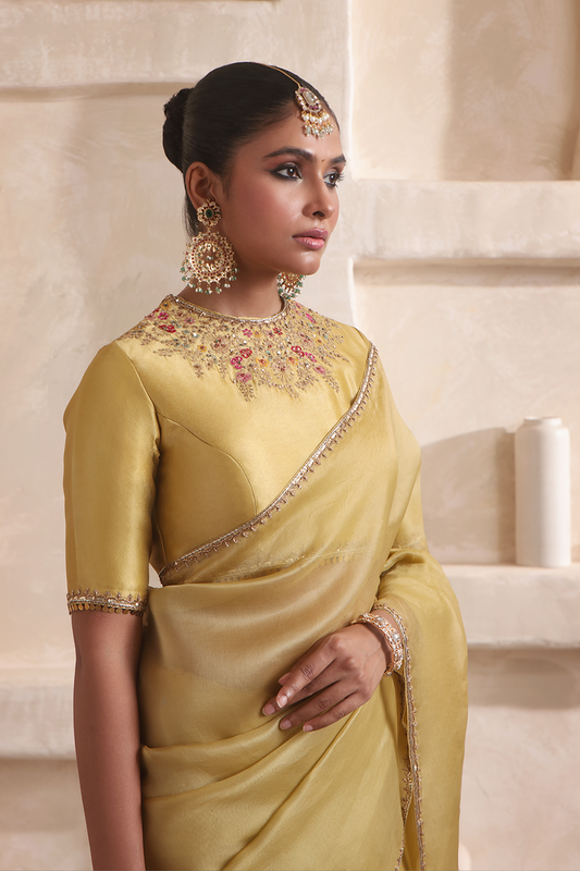 Zar:Rang Olive Green Multicolor Resham Saree Set