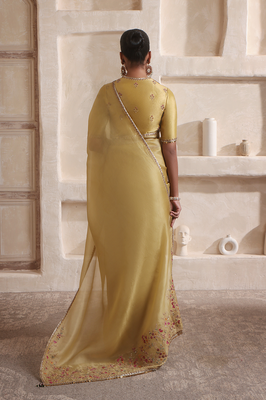 Zar:Rang Olive Green Multicolor Resham Saree Set