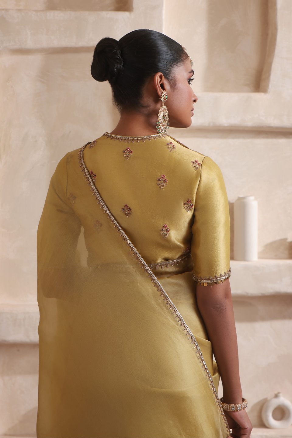 Zar:Rang Olive Green Multicolor Resham Saree Set