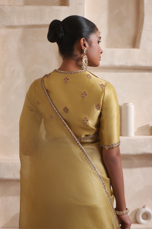 Zar:Rang Olive Green Multicolor Resham Saree Set