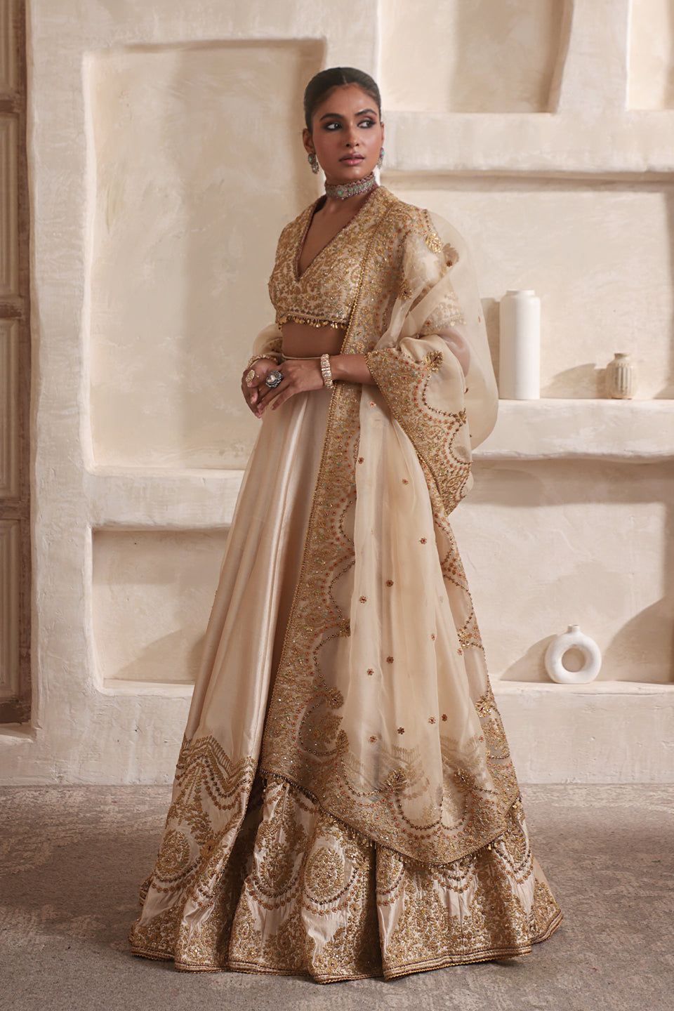 Zar:Rang Ivory Scallop Lehenga Set