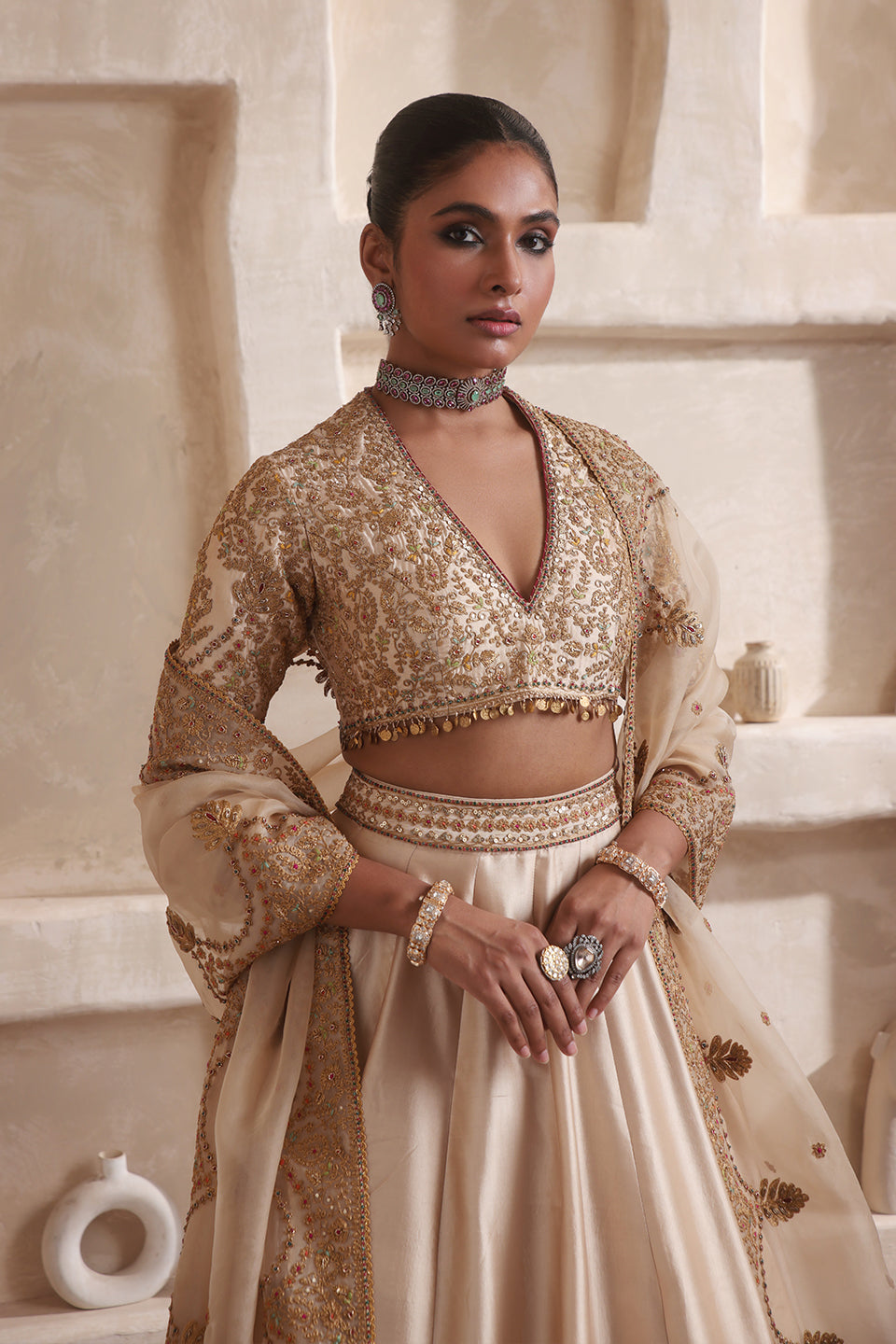 Zar:Rang Ivory Scallop Lehenga Set