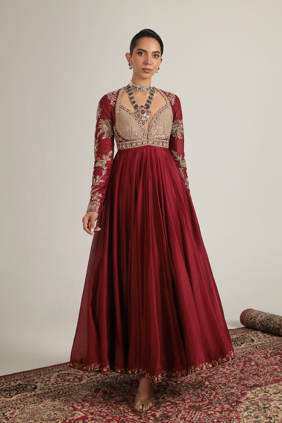Zar:Rang Maroon Heavy Yoke Kalidar Set