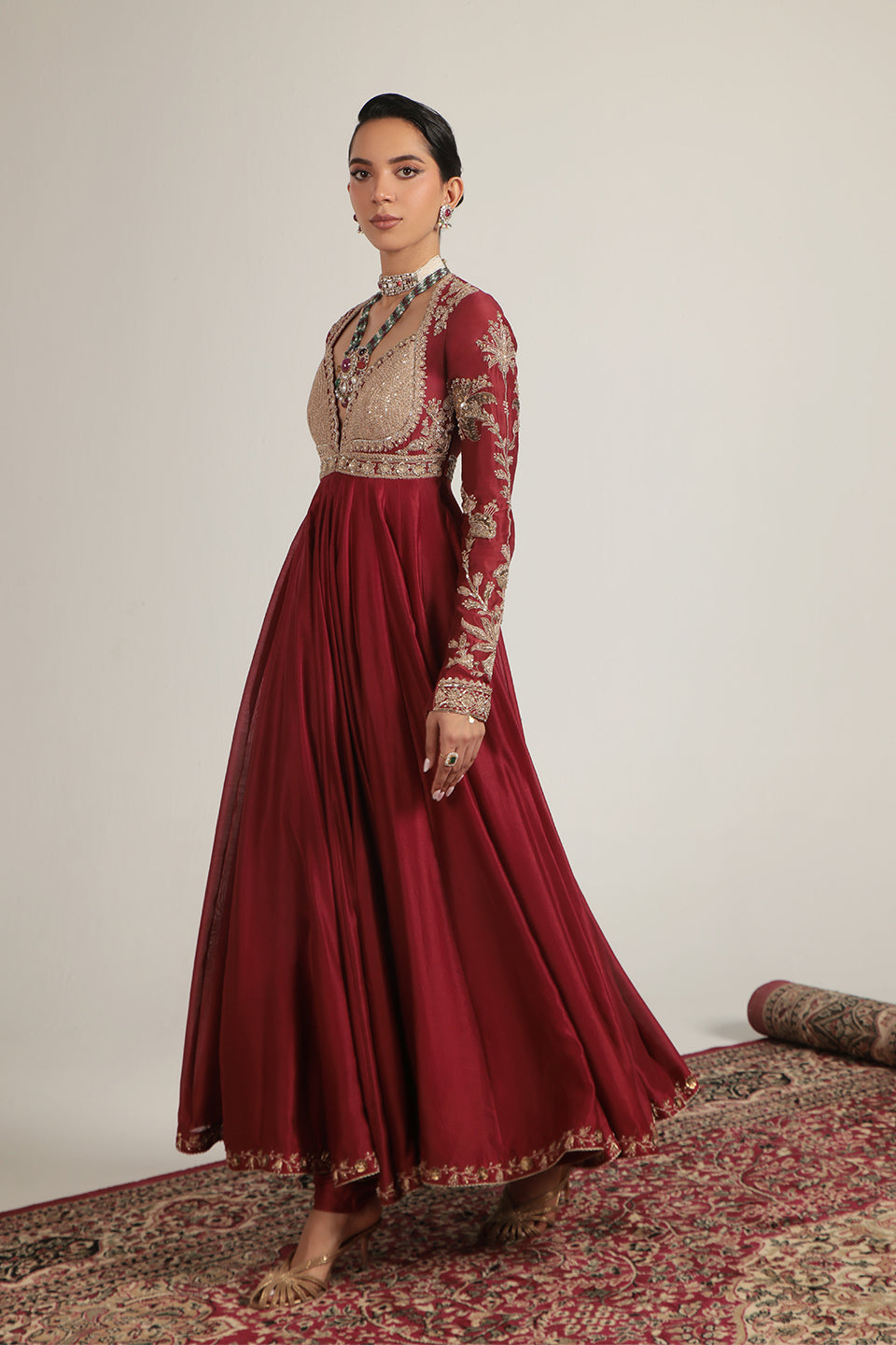 Zar:Rang Maroon Heavy Yoke Kalidar Set