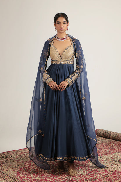 Zar:Rang Blue Heavy Yoke Kalidar Set