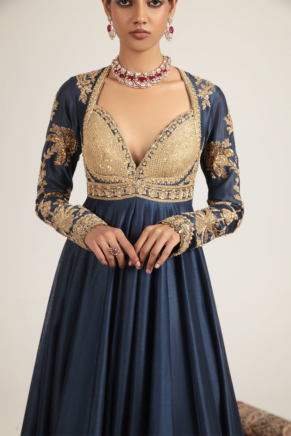 Zar:Rang Blue Heavy Yoke Kalidar Set