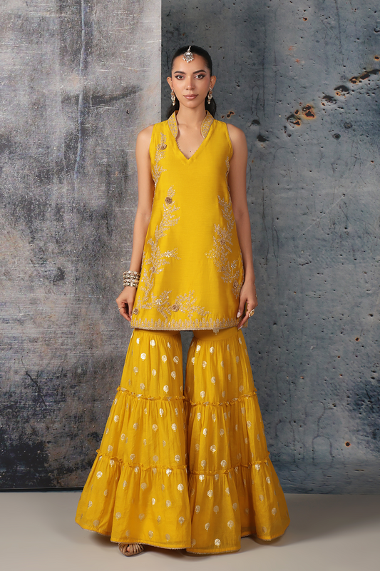 Mehrang Yellow Sleeveless Sharara Set