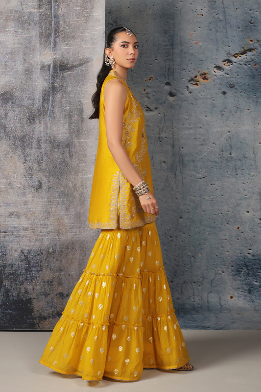 Mehrang Yellow Sleeveless Sharara Set
