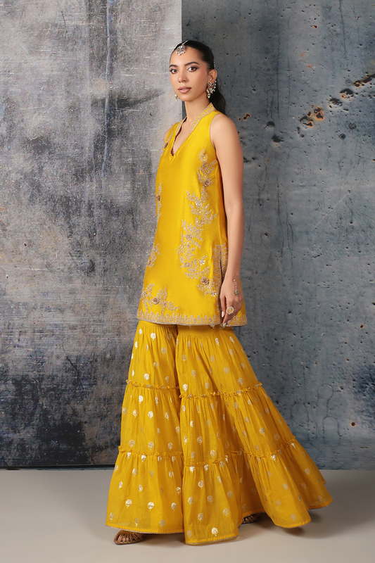 Mehrang Yellow Sleeveless Sharara Set