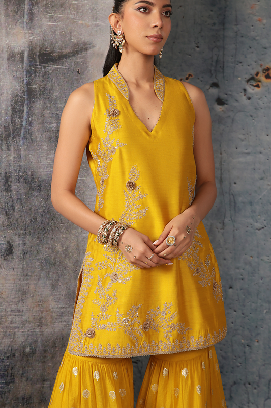 Mehrang Yellow Sleeveless Sharara Set