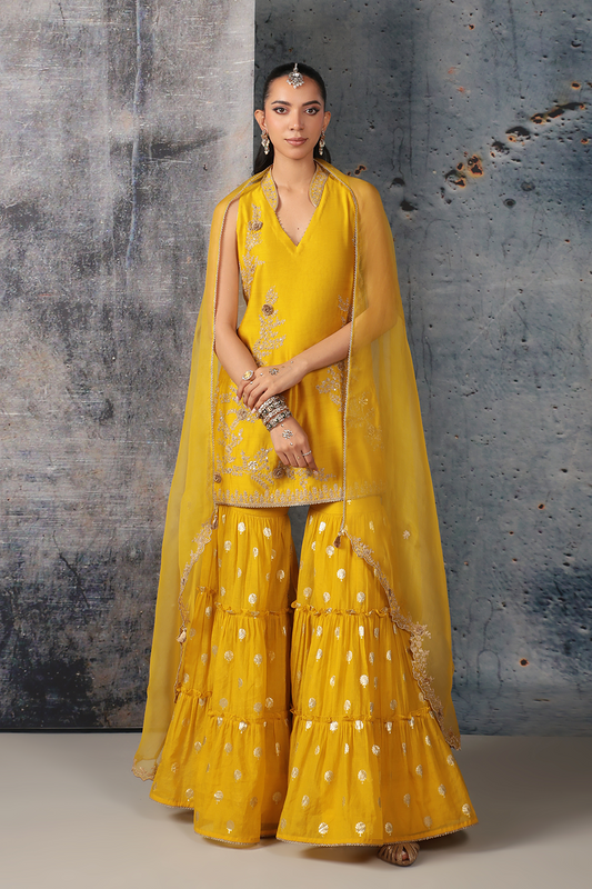 Mehrang Yellow Sleeveless Sharara Set